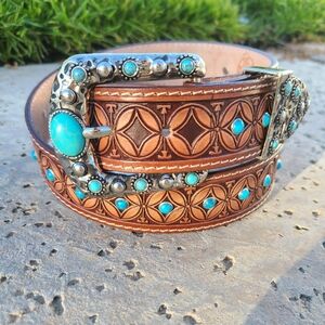 Brown Leather Belt with Turquoise Accents